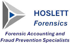 A green background with the words hosler forensic accounting and criminal prevention specialists in blue.