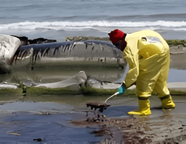 A person in yellow and red working on an oil spill.