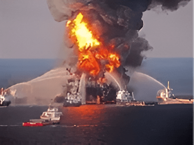 A fire boat is spraying water on an oil rig.